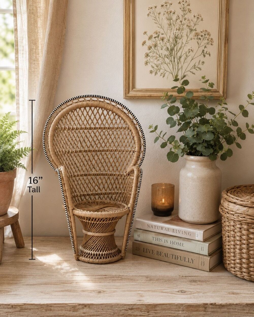 Vintage Wicker Rattan Doll Chair 16” Boho Decor Peacock Plant Stand Fan Back